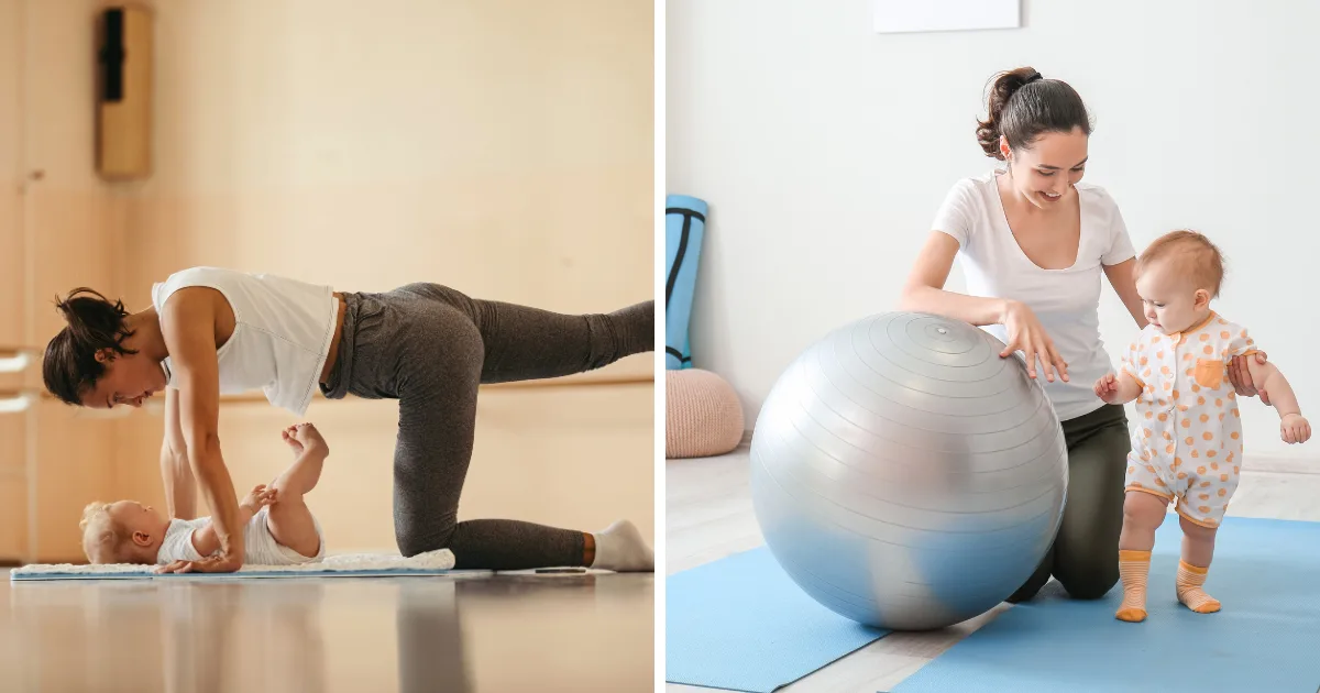 Maminka cvičí s dítětem