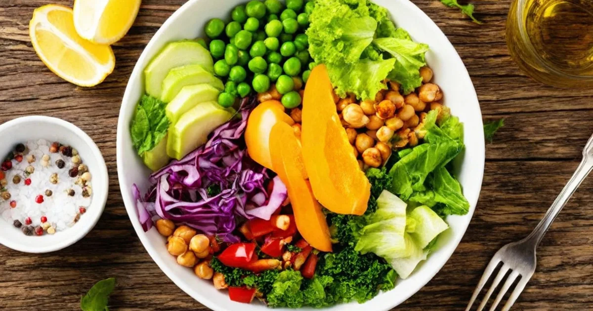 Zdravý talíř jídla s bílkovinami a zeleninou